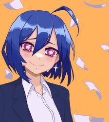 Rule 34 | 1girl, ahoge, blue hair, blush, business suit, closed mouth, collarbone, collared shirt, crying, crying with eyes open, formal, hcnone, highres, looking at viewer, office lady, original, paper, pink eyes, shirt, short hair, skye (hcnone), smile, solo, suit, tears, upper body, white shirt