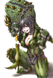 Rule 34 | 1girl, armor, black hair, breasts, brown eyes, capcom, cleavage, colored pencil (medium), deviljho, deviljho (armor), fang, female focus, garyuu ryuuga, grin, hammer, highres, large breasts, md5 mismatch, monster, monster hunter (series), monster hunter 3, ponytail, short hair, smile, solo, traditional media, weapon, white background
