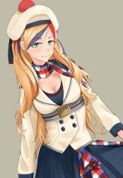Rule 34 | 10s, 1girl, bad id, bad pixiv id, beret, blonde hair, blue eyes, blue hair, buttons, commandant teste (kancolle), cowboy shot, double-breasted, dutch angle, facing viewer, grey background, hat, kantai collection, long hair, looking at viewer, md5 mismatch, multicolored hair, plaid, plaid scarf, pom pom (clothes), red hair, resolution mismatch, scarf, smile, solo, streaked hair, turisasu, white hair