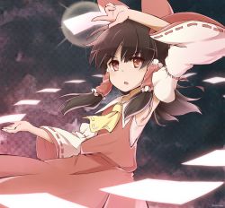 Rule 34 | 1girl, artist name, ascot, bare shoulders, bow, brown hair, collarbone, cowboy shot, detached sleeves, dress, flat chest, hair bow, hair ornament, hair tubes, hakurei reimu, hand up, highres, long hair, looking at viewer, open mouth, red dress, red eyes, ribbon, ribbon-trimmed sleeves, ribbon trim, skirt, skirt set, solo, touhou, yutamaro