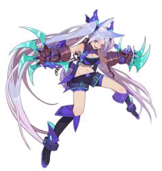 Rule 34 | 1girl, :d, animal ear fluff, animal ears, ark order, black tube top, blue eyes, blue fire, blue footwear, blue hair, blue shorts, blue vest, boots, breasts, chain, claw (weapon), cuffs, energy, fang, fenrir (ark order), fire, full body, gauntlets, knee boots, large breasts, long hair, looking at viewer, midriff, navel, official art, open mouth, red cucumber, shackles, shorts, sidelocks, skin fang, smile, solo, strapless, tachi-e, tail, transparent background, tube top, twintails, variant set, very long hair, vest, weapon, wolf ears, wolf tail