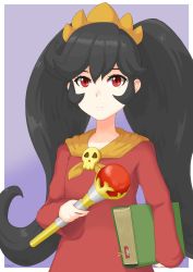 Rule 34 | 1girl, ashley (warioware), big hair, black hair, book, bookmark, border, closed mouth, collarbone, commentary, dress, expressionless, flat chest, hairband, holding, holding book, holding staff, long hair, long sleeves, looking at viewer, miven, neckerchief, nintendo, orange hairband, orange neckerchief, purple background, red dress, red eyes, simple background, skull, solo, staff, twintails, upper body, warioware, white border