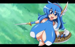 Rule 34 | blue eyes, blue hair, breasts, character request, cleavage, cleavage cutout, clothing cutout, hairband, huge breasts, looking at viewer, regls, shield, smile, source request, sword, tecna (yumura kino), weapon