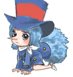Rule 34 | 1girl, bare legs, blue coat, blue eyes, blue hair, coat, commentary request, eyelashes, female focus, full body, furrowed brow, hat, jas (jasjasjasart), long nose, long sleeves, looking at viewer, lowres, matching hair/eyes, mini person, minigirl, neckerchief, one piece, pointy nose, simple background, sitting, solo, tail, tareme, top hat, twintails, white background, white neckerchief, wicca