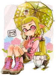 Rule 34 | 1girl, ankle boots, autobomb (splatoon), black shorts, black skirt, blunt bangs, boots, closed mouth, commentary, cross-laced footwear, drawstring, flower, green hair, harutarou (orion 3boshi), highres, holding, holding umbrella, holding weapon, hood, hoodie, hydrangea, ink tank (splatoon), inkling, inkling (language), inkling girl, inkling player character, lace-up boots, leaning back, light frown, logo, long sleeves, looking at viewer, miniskirt, nintendo, pink footwear, pink shirt, pointy ears, polka dot, print skirt, purple eyes, rain, shadow, shirt, shorts, shorts under skirt, single vertical stripe, sitting, skirt, solo, splat brella (splatoon), splatoon (series), splatoon 2, tentacle hair, umbrella, weapon