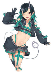 Rule 34 | 1girl, nanashi inc., ;d, absurdres, bandeau, bare shoulders, belt bra, black gloves, black hair, black jacket, black skirt, clothing cutout, commentary, fang, gloves, green hair, highleg, highleg panties, highres, horns, jacket, kuma (jk0073), long hair, long sleeves, looking at viewer, midriff, miniskirt, multicolored hair, navel, one eye closed, open clothes, open jacket, open mouth, panties, pleated skirt, pointy ears, red eyes, shishio chris, shoulder cutout, simple background, skirt, smile, solo, standing, stomach, sugar lyric, thigh strap, thighs, underwear, virtual youtuber, white background