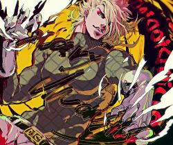 Rule 34 | 1boy, bad id, bad pixiv id, belt, black belt, blonde hair, claws, commentary request, diego brando, dinosaur tail, english text, floating hair, gloves, green eyes, hair over one eye, halftone, hand up, jojo no kimyou na bouken, kiki (re 6xxx), long sleeves, looking at viewer, male focus, medium hair, one eye covered, pants, parted lips, scary monsters (stand), screentones, sharp teeth, solo, stand (jojo), steel ball run, sweater, tail, teeth, unmoving pattern, white gloves, white pants