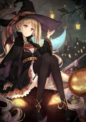 Rule 34 | 1girl, :q, absurdres, adjusting clothes, adjusting headwear, bird, black thighhighs, blonde hair, brown eyes, cape, commentary, curly hair, demon wings, earrings, english commentary, frilled skirt, frilled sleeves, frills, hair ornament, hairclip, hat, highres, jack-o&#039;-lantern, jewelry, lantern, long hair, looking at viewer, night, original, ribbon, rin yuu, signature, sitting, skirt, slit pupils, solo, thighhighs, tongue, tongue out, tree, twintails, twitter username, very long hair, wide sleeves, wings, witch hat