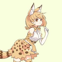 Rule 34 | 10s, 1girl, animal ears, bare shoulders, blush stickers, bow, bowtie, clenched hands, cowboy shot, cross-laced clothes, elbow gloves, expressionless, eyelashes, flat color, from side, gloves, hand up, kemono friends, looking at viewer, nameko houshi, oekaki, orange eyes, orange hair, paw pose, serval (kemono friends), serval print, serval tail, shirt, short hair, simple background, skirt, sleeveless, sleeveless shirt, smile, solo, striped tail, tail, tareme, thighhighs, white shirt, yellow background, zettai ryouiki