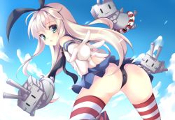 Rule 34 | 10s, 1girl, :3, ass, bad id, bad pixiv id, black panties, cloud, day, elbow gloves, gloves, innertube, kantai collection, looking at viewer, nakoron, outstretched arm, outstretched hand, panties, pantyshot, personification, rensouhou-chan, school uniform, serafuku, shimakaze (kancolle), sky, solo, standing, striped clothes, striped thighhighs, swim ring, thighhighs, thong, underwear, | |, || ||