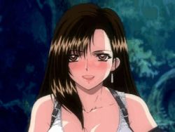 Rule 34 | 1990s (style), animated, animated gif, black hair, blush, breasts, cleavage, covered erect nipples, final fantasy, final fantasy vii, hitsuki, large breasts, lipstick, long hair, lowres, makeup, nipples, suspenders, tank top, tifa lockhart