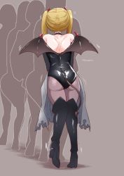 Rule 34 | 1girl, artist name, ass, back, bare shoulders, black choker, black footwear, black gloves, black pantyhose, blonde hair, boots, brown background, choker, demon horns, demon tail, demon wings, elbow gloves, fake tail, fake wings, female focus, from behind, full body, gloves, halloween costume, have to pee, heel up, high heels, horns, kinagirea, knees together feet apart, leotard, long hair, original, pantyhose, pigeon-toed, queue, shiny clothes, signature, silhouette, simple background, solo focus, standing, strapless, strapless leotard, tail, thigh boots, thighhighs, trembling, twintails, twitter username, wings