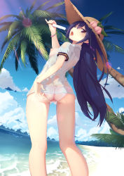 Rule 34 | 1girl, adjusting clothes, adjusting panties, ass, beach, blue hair, blush, bracelet, breasts, breasts out, buriterium, commentary request, day, food, from behind, hat, highres, hinanawi tenshi, jewelry, legs, long hair, looking at viewer, looking back, medium breasts, nipples, ocean, open clothes, open mouth, palm tree, panties, pink panties, popsicle, red eyes, revision, see-through, solo, straw hat, thigh gap, tongue, tongue out, touhou, tree, underwear, very long hair, wet, wet clothes
