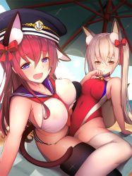 Rule 34 | 2girls, animal ears, bell, black legwear, blue eyes, blue sailor collar, blush, bow, breasts, cat ears, cat tail, chestnut mouth, commentary request, covered navel, day, fang, jingle bell, large breasts, long hair, looking at viewer, moe2018, multiple girls, one-piece swimsuit, open mouth, original, panties, parted lips, pink hair, red bow, red neckwear, red one-piece swimsuit, red ribbon, revision, ribbon, sailor collar, see-through, shiny skin, sitting, striped clothes, striped panties, swimsuit, tail, thighhighs, tribadism, twintails, underwear, white legwear, yellow eyes, yoshiheihe, yuri