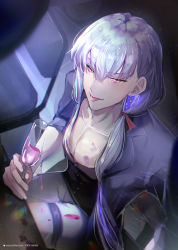 Rule 34 | 1boy, absurdres, black shirt, blue jacket, collarbone, cup, drinking glass, earrings, fate/grand order, fate (series), genderswap, genderswap (ftm), grey pants, hair over shoulder, hair ribbon, highres, jacket, jewelry, kama (fate), long hair, looking at viewer, niarss, open clothes, open jacket, pants, pectorals, recursive genderswap, red eyes, ribbon, shirt, side ponytail, silver hair, sitting, smile, solo, thighs, tongue, tongue out