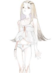 Rule 34 | 1girl, blonde hair, brown eyes, camisole, expressionless, flat chest, gakuen idolmaster, gradient hair, hair ornament, hairclip, highres, idolmaster, kawatiw, looking at viewer, multicolored hair, navel, panties, parted lips, shinosawa hiro, simple background, sketch, solo, underwear, white background, white camisole, white panties