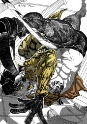 Rule 34 | 3boys, abs, absurdres, bara, black gloves, black hair, black pants, boots, calf, duel, eyepatch, facial hair, gloves, goatee, grin, highres, kicking, limited palette, looking at viewer, majima goro, male focus, multiple boys, on floor, open clothes, pants, ryuu ga gotoku (series), shirt, short hair, smile, solo focus, sword, tattoo, thick navel hair, thighs, toned, toned male, undercut, valerayoon, weapon