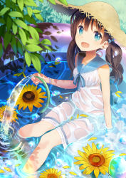 Rule 34 | 1girl, :d, absurdres, bad id, bad pixiv id, bare arms, bare shoulders, bead bracelet, beads, blue sailor collar, bracelet, breasts, brown hair, collarbone, day, dress, flower, hat, highres, hose, jewelry, long hair, looking at viewer, open mouth, original, outdoors, petals, pool, sailor collar, see-through, sino hara, sitting, small breasts, smile, solo, straw hat, sunflower, twintails, wading pool, water, water drop, wet, wet clothes