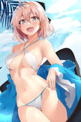 Rule 34 | 1girl, :d, absurdres, bikini, breasts, commentary request, cowboy shot, day, dutch angle, fate/grand order, fate (series), gluteal fold, grey eyes, hair between eyes, halterneck, highres, koha-ace, looking at viewer, medium breasts, navel, off shoulder, okita souji (fate), okita souji (koha-ace), open mouth, outdoors, pink hair, shinsengumi, short hair, shunichi, smile, solo, sunlight, swimsuit, thigh gap, underboob, white bikini