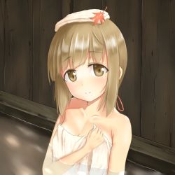 Rule 34 | 1girl, bath, blunt bangs, blush, breasts, brown eyes, brown hair, cleavage, closed mouth, collarbone, covering privates, hair ribbon, idolmaster, idolmaster cinderella girls, ikariko (miu-f), long hair, looking at viewer, medium breasts, onsen, partially submerged, ponytail, ribbon, sidelocks, smile, solo, towel, upper body, wooden wall, yorita yoshino