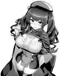 Rule 34 | 1girl, azur lane, beret, black hat, bra, bra visible through clothes, breasts, button gap, cape, center frills, dress, framed breasts, frills, from above, gloves, greyscale, hat, highres, hori (hori no su), italian flag, large breasts, long hair, looking at viewer, microdress, monochrome, pola (azur lane), skin tight, skindentation, solo, taut clothes, taut dress, thighhighs, twintails, underwear, white background, white bra, white gloves, zettai ryouiki