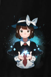 Rule 34 | 1girl, black hat, blush, bow, brown eyes, brown hair, capelet, collared shirt, fingernails, hat, hat bow, highres, holding, long sleeves, looking at viewer, magical astronomy, necktie, red necktie, shirt, short hair, smile, sofa (enogunomu), solo, star (symbol), touhou, upper body, usami renko, white bow, white shirt, wing collar