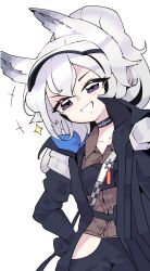 Rule 34 | +++, 1girl, 294 (ranaga), absurdres, animal ear fluff, animal ears, arknights, black gloves, black jacket, black pants, brown shirt, collarbone, collared shirt, commentary request, dress shirt, gloves, grani (arknights), grey eyes, grey hair, grin, hand on own hip, highres, jacket, korean commentary, long hair, looking at viewer, open clothes, open jacket, pants, ponytail, shirt, simple background, smile, solo, sparkle, white background