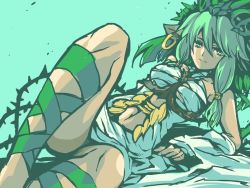 Rule 34 | 1girl, animal ears, aqua background, blue eyes, ceres (p&amp;d), dress, earrings, green hair, hair tubes, ishiyumi, jewelry, long hair, lying, navel, on back, plant, puzzle &amp; dragons, simple background, solo, thorns, vines, white dress