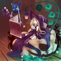 Rule 34 | 1girl, blonde hair, blue eyes, book, boots, cat, demon, floating, hat, kotetsu motoya, lantern, long hair, original, plant, pumpkin, sitting, solo, thigh boots, thighhighs, wings, witch, witch hat