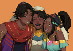 Rule 34 | 1boy, 2girls, blue eyeliner, blue nails, breikka, brown eyes, closed eyes, crop top, dark-skinned female, dark-skinned male, dark skin, earrings, eyeliner, family, fire emblem, fire emblem engage, fogado (fire emblem), gloves, gold earrings, gold headband, hair ornament, head hug, jewelry, makeup, mother and child, multiple girls, nintendo, one eye closed, partially fingerless gloves, pink eyeliner, red scarf, scarf, seforia (fire emblem), shirt, siblings, sleeveless, sleeveless shirt, smile, star-shaped pupils, star (symbol), symbol-shaped pupils, timerra (fire emblem), white headwear, white shirt