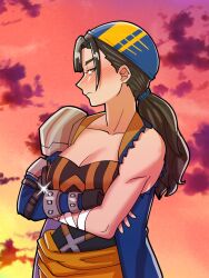 Rule 34 | 1girl, armor, bandana, blush, breasts, brown eyes, brown hair, cleavage, eyebrows, female focus, fingerless gloves, fire emblem, fire emblem engage, gloves, intelligent systems, jewelry, looking at viewer, medium breasts, mitan (fire emblem), mnejing30, muscular, nintendo, pauldrons, ponytail, ring, shoulder armor, sunset, tagme, tomboy, wide hips