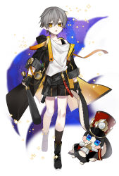 Rule 34 | 1boy, absurdres, ankle boots, arms at sides, asymmetrical legwear, baseball bat, black coat, black footwear, black gloves, black shorts, boots, brown socks, caelus (honkai: star rail), chain, coat, eyes visible through hair, fingerless gloves, flask, gloves, heel up, highres, holding, holding baseball bat, holding stuffed toy, honkai: star rail, honkai (series), kneehighs, legs apart, looking at viewer, male focus, open clothes, open coat, parted lips, pom-pom (honkai: star rail), shirt, shorts, shoulder strap, simple background, sleeves rolled up, socks, solo, sparkle, stuffed animal, stuffed rabbit, stuffed toy, suspenders hanging, trailblazer (honkai: star rail), tuku2, white background, white shirt