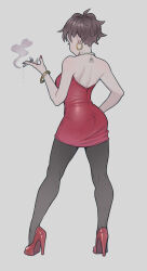Rule 34 | 1girl, absurdres, ass, back, back tattoo, black pantyhose, brown hair, cheshirrr, cigarette, contrapposto, dress, earrings, eye of providence, fingernails, from behind, full body, grey background, high heels, highres, holding, holding cigarette, hoop earrings, jewelry, kneepits, nail polish, necklace, original, pantyhose, pearl necklace, pencil dress, red footwear, red nails, shoes, short dress, short hair, simple background, smoke, smoking, solo, standing, tattoo