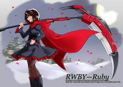 Rule 34 | 1girl, black hair, boots, breasts, character name, cloak, copyright name, crescent rose, cross, cross-laced footwear, english text, forest, gradient hair, grey eyes, hand on belt, heiqi (sharpface), lace-up boots, lyrics, moon, multicolored hair, nature, night, over shoulder, pantyhose, petals, red cloak, red hair, rose petals, ruby rose, rwby, scythe, serious, small breasts, snow, solo, weapon, weapon over shoulder