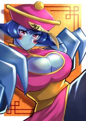 Rule 34 | 1girl, artist name, breasts, capcom, chinese clothes, claws, cleavage, highres, large breasts, legs, lei lei, looking at viewer, pants, puckered lips, purple eyes, red eyes, seductive gaze, solo, thighs, vampire (game), zombie