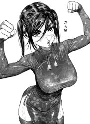 Rule 34 | 1girl, :o, arms up, breasts, china dress, chinese clothes, collar, collared dress, commentary request, cowboy shot, dress, facial scar, from above, genderswap, genderswap (mtf), golden kamuy, greyscale, hair between eyes, hair ornament, hair ribbon, kimidake, large breasts, lips, long sleeves, looking at viewer, medium hair, monochrome, open mouth, ribbon, scar, scar on cheek, scar on face, scar on mouth, scar on nose, simple background, skindentation, solo, standing, sugimoto saichi, thighhighs, translation request, twintails, upper body, white background