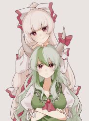 Rule 34 | 2girls, absurdres, bow, closed mouth, crossed arms, daiwa uho, dress, ex-keine, frown, fujiwara no mokou, green dress, green hair, hair bow, hands on another&#039;s head, head tilt, highres, horn bow, horn ornament, horns, kamishirasawa keine, long hair, long sleeves, looking at viewer, multiple girls, pants, red bow, red eyes, red pants, shirt, short sleeves, simple background, smile, touhou, very long hair, white bow, white shirt