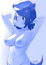 Rule 34 | 1girl, absurdres, armadillo ears, armadillo tail, armpits, arms behind head, arms up, blue theme, blunt bangs, breasts, collarbone, commentary, completely nude, extra ears, eyes visible through hair, giant armadillo (kemono friends), gradient background, groin, hat, highres, kemono friends, large breasts, looking at viewer, masuyama ryou, medium hair, monochrome, navel, nipples, nude, out-of-frame censoring, parted lips, puffy nipples, simple background, solo, upper body, water drop, wet
