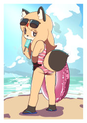 Rule 34 | 1girl, absurdres, animal ear fluff, animal ears, beach, black eyes, border, bright pupils, female focus, food, fox ears, fox tail, from behind, furry, furry female, hair ornament, hairclip, hand on own hip, highres, innertube, kadim, looking back, mouth hold, ocean, one-piece swimsuit, original, outdoors, popsicle, sand, solo, standing, striped clothes, striped one-piece swimsuit, sunglasses on head, sunlight, swim ring, swimsuit, tail, water, white border, white pupils