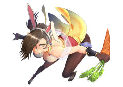 Rule 34 | 1girl, animal ears, bare shoulders, bent over, breasts, brown eyes, brown gloves, brown hair, brown pantyhose, bunny girl, carrot, cleavage, fake animal ears, fire emblem, fire emblem heroes, flower, food, frown, full body, gloves, hair flower, hair ornament, hair over one eye, hanging breasts, holding, holding food, kagero (fire emblem), kagero (spring) (fire emblem), large breasts, long hair, looking at viewer, nintendo, pantyhose, rabbit ears, solo, vegetable, white background, yamauchi (conan-comy)