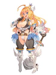 Rule 34 | 1girl, ahoge, armor, armored boots, black gloves, blonde hair, blue eyes, blue skirt, boots, braid, breasts, chain paradox, crown, curvy, full body, gloves, hair ornament, high heels, highres, holding, holding sword, holding weapon, huge breasts, long hair, mini crown, miniskirt, official art, open mouth, photoshop (medium), ryoji (nomura ryouji), showgirl skirt, skirt, solo, standing, sword, transparent background, twin braids, weapon