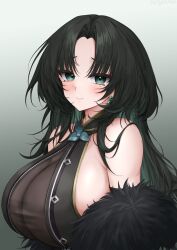 Rule 34 | 1girl, absurdres, azur lane, bare shoulders, black hair, blush, breasts, cleavage, closed mouth, colored inner hair, commentary request, earrings, gradient background, green background, green eyes, green hair, highres, huan ch&#039;ang (azur lane), jewelry, large breasts, looking at viewer, mole, mole under eye, multicolored hair, parted bangs, see-through, see-through cleavage, sideboob, simple background, smile, solo, ueyama 0clock, upper body
