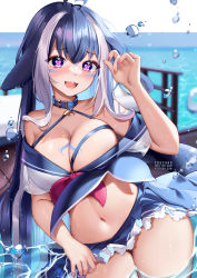 Rule 34 | 1girl, :3, :d, ahoge, bare shoulders, bikini, bikini under clothes, blue choker, blue hair, blue skirt, blush, breasts, choker, cleavage, commentary, cowboy shot, criss-cross halter, english commentary, halterneck, heart, heart-shaped pupils, heart ahoge, highres, indie virtual youtuber, large breasts, looking at viewer, multicolored hair, navel, off shoulder, open mouth, pink eyes, short sleeves, shylily, silver hair, skirt, smile, solo, squchan, standing, stomach, streaked hair, swimsuit, symbol-shaped pupils, thighs, virtual youtuber