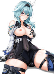 Rule 34 | 1girl, absurdres, aqua hair, ass, bare shoulders, black gloves, black headband, grabbing another&#039;s breast, breasts, breasts out, cleavage, closed mouth, covered navel, cowboy shot, crossed bangs, elze (s01047480836), eula (genshin impact), genshin impact, gloves, gluteal fold, grabbing, grabbing own breast, hair between eyes, hair ornament, headband, highres, korean commentary, medium breasts, medium hair, no bra, shadow, simple background, sitting, solo, thick thighs, thigh strap, thighhighs, thighs, wavy mouth, white background, wide hips, yellow eyes