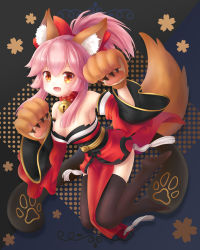 Rule 34 | 1girl, animal ear fluff, animal ears, animal hands, artist request, bare shoulders, bell, black legwear, breasts, cat paws, cleavage, collar, collarbone, detached sleeves, fangs, fate/grand order, fate (series), fox ears, fox girl, fox tail, gloves, hair ribbon, highres, japanese clothes, jingle bell, kimono, long hair, looking at viewer, neck bell, open mouth, paw gloves, pink hair, ponytail, red kimono, red ribbon, ribbon, solo, tail, tamamo (fate), tamamo cat (fate), tamamo cat (first ascension) (fate), yellow eyes