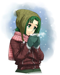 Rule 34 | 00s, 1girl, akimoto komachi, beanie, breath, earflap hat, enoshima iki, gloves, green eyes, green hair, hat, hat pompom, jacket, leather, leather jacket, leatherjacket, matching hair/eyes, mittens, plaid, plaid scarf, precure, scarf, snow, solo, winter, winter clothes, yes! precure 5, zipper