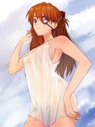 Rule 34 | 10s, 1girl, bare shoulders, bird, blue eyes, breasts, evangelion: 3.0 you can (not) redo, eyepatch, highres, long hair, looking at viewer, naked shirt, neon genesis evangelion, nipples, non-web source, orange hair, rebuild of evangelion, seagull, see-through, shirt, solo, souryuu asuka langley, tusia, wet