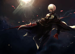 Rule 34 | 1boy, alternate costume, black coat, black pants, brown background, closed mouth, coat, commentary request, eyepatch, feet out of frame, gloves, highres, holding, kaneki ken, kyuuba melo, long sleeves, male focus, pants, red eyes, red gloves, short hair, solo, tokyo ghoul, weapon, white hair