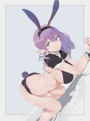 Rule 34 | 1girl, absurdres, all fours, animal ears, bikini, black bikini, blue eyes, breasts, bunny girl, closed mouth, earrings, eyelashes, fake animal ears, frilled wrist cuffs, frills, grain, hair between eyes, highres, jewelry, large breasts, long hair, looking at viewer, original, pointy ears, purple hair, rabbit ears, rabbit tail, short eyebrows, short sleeves, sideboob, solo, stud earrings, swimsuit, tail, thick eyebrows, wrist cuffs