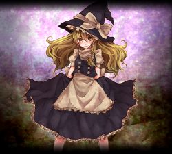 Rule 34 | 1girl, apron, arms behind back, bad id, bad pixiv id, blonde hair, bow, braid, buttons, clothes lift, female focus, frills, gradient background, hair bow, haruto yuki, hat, hat bow, high collar, kirisame marisa, light smile, long hair, looking at viewer, puffy sleeves, shirt, short sleeves, single braid, skirt, skirt lift, solo, standing, star (symbol), touhou, vest, witch, witch hat, yellow eyes